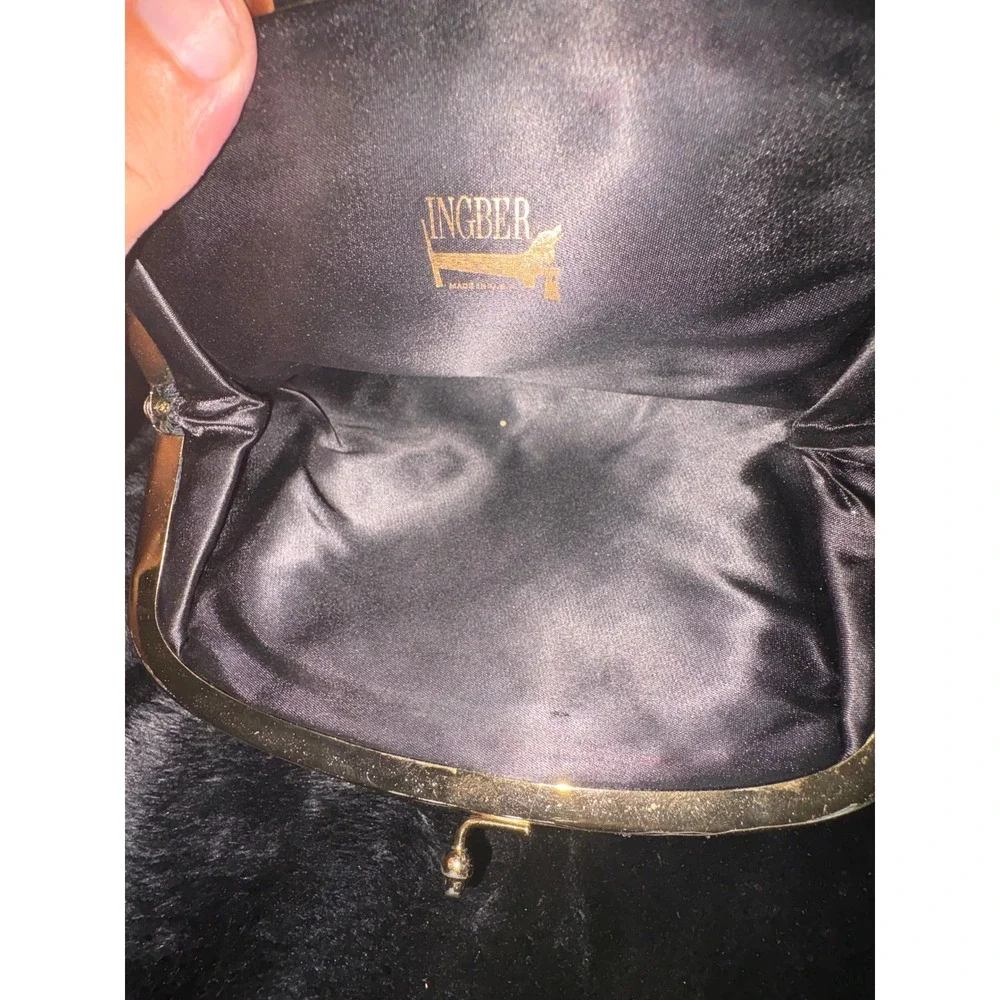 Vintage Ingber Black Satin Evening Clutch Rhinestone Gold Frame Made in USA